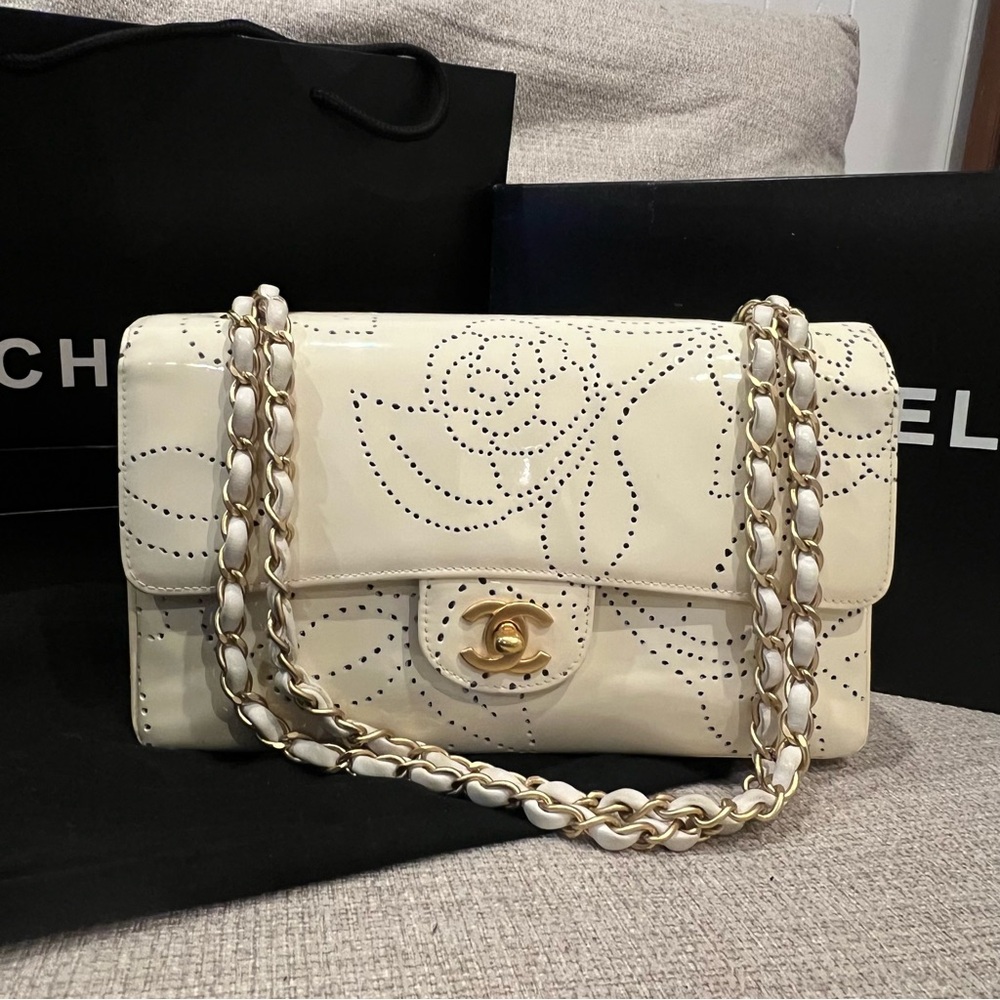 SOLD Chanel Medium Camellia Perforated Ivory/White Classic Single Flap Bag